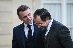 Emmanuel Macron welcomes Nikos Christodoulides at the Elysee FA