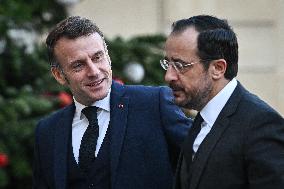 Emmanuel Macron welcomes Nikos Christodoulides at the Elysee FA