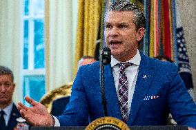 President Donald Trump Awards Mexican Border Defense Medal in Oval Office