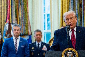 President Donald Trump Awards Mexican Border Defense Medal in Oval Office
