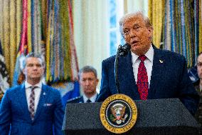 President Donald Trump Awards Mexican Border Defense Medal in Oval Office