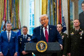 President Donald Trump Awards Mexican Border Defense Medal in Oval Office