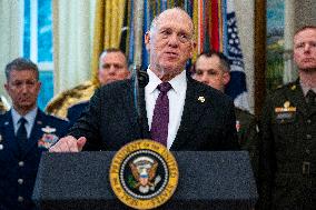 President Donald Trump Awards Mexican Border Defense Medal in Oval Office