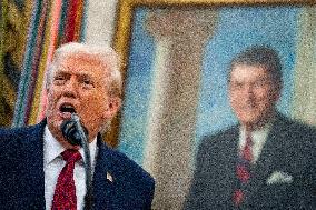 President Donald Trump Awards Mexican Border Defense Medal in Oval Office