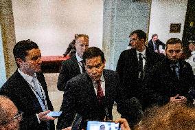 Secretary of State Marco Rubio offers remarks after he came out of a classified briefing