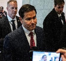Secretary of State Marco Rubio offers remarks after he came out of a classified briefing
