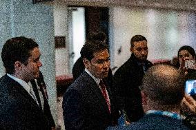 Secretary of State Marco Rubio offers remarks after he came out of a classified briefing