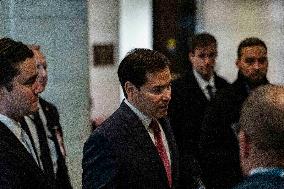 Secretary of State Marco Rubio offers remarks after he came out of a classified briefing