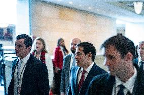 Secretary of State Marco Rubio offers remarks after he came out of a classified briefing