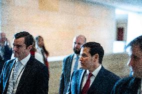 Secretary of State Marco Rubio offers remarks after he came out of a classified briefing