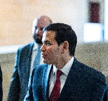 Secretary of State Marco Rubio offers remarks after he came out of a classified briefing