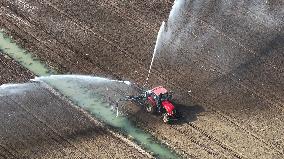 Farmers Irrigating Wheat in Fields