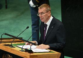President Edgars Rinkēvičs of Latvia Addresses the United Nations General Assembly