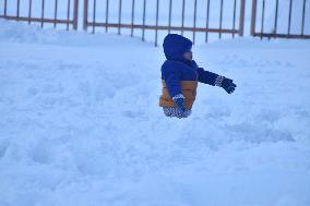 People Enjoy The Season's First Snowfall In Kashmir