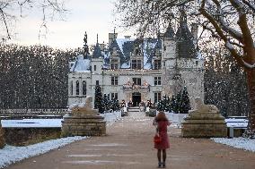 Snow-covered Chateau de Chenonceau on Christmas Morning