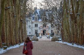 Snow-covered Chateau de Chenonceau on Christmas Morning