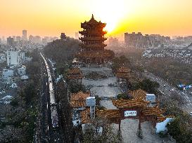 Sunrise Over Yellow Crane Tower In Wuhan - China