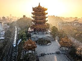 Sunrise Over Yellow Crane Tower In Wuhan - China