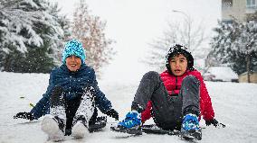 Children and Families Enjoy Snowfall in Gaziantep