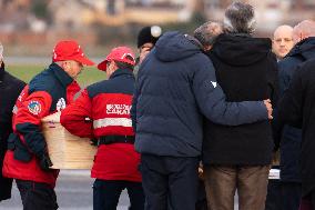 Coffins Of Crans Montana Fire Victims Arrive At Linate Airport - Milan