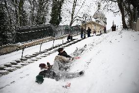 Slip Under Snow in Montmartre - Paris
