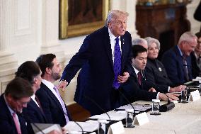 US President Donald Trump mets with oil executives in the East Room