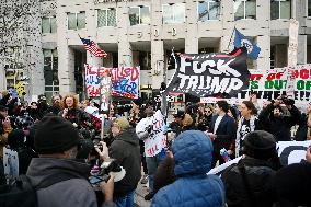 Anti-ICE protesters gather outside the US Immigration and Customs Enforcement (ICE)  headquarters