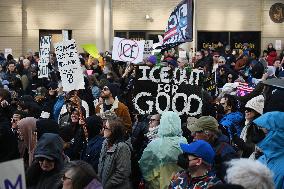 Anti-ICE protesters gather outside the US Immigration and Customs Enforcement (ICE)  headquarters