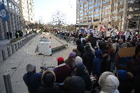 Anti-ICE protesters gather outside the US Immigration and Customs Enforcement (ICE)  headquarters