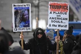 Anti-ICE protesters gather outside the US Immigration and Customs Enforcement (ICE)  headquarters