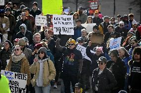 Anti-ICE protesters gather outside the US Immigration and Customs Enforcement (ICE)  headquarters