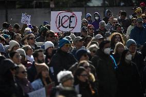 Anti-ICE protesters gather outside the US Immigration and Customs Enforcement (ICE)  headquarters