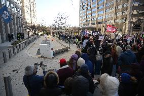 Anti-ICE protesters gather outside the US Immigration and Customs Enforcement (ICE)  headquarters
