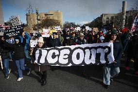 Anti-ICE protesters gather outside the US Immigration and Customs Enforcement (ICE)  headquarters