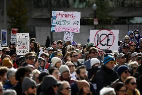 Anti-ICE protesters gather outside the US Immigration and Customs Enforcement (ICE)  headquarters
