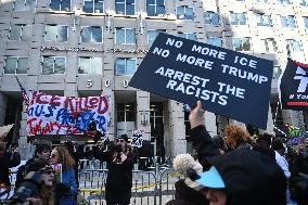 Anti-ICE protesters gather outside the US Immigration and Customs Enforcement (ICE)  headquarters