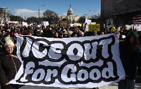 Anti-ICE protesters gather outside the US Immigration and Customs Enforcement (ICE)  headquarters