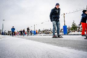People Skate on Natural Ice Rink in Boskoop - Netherlands