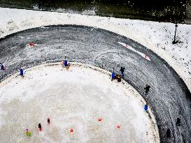 People Skate on Natural Ice Rink in Boskoop - Netherlands