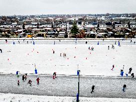 People Skate on Natural Ice Rink in Boskoop - Netherlands