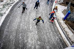 People Skate on Natural Ice Rink in Boskoop - Netherlands