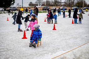 People Skate on Natural Ice Rink in Boskoop - Netherlands
