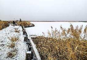 Snowfall Landscape at Aydingkol Lake
