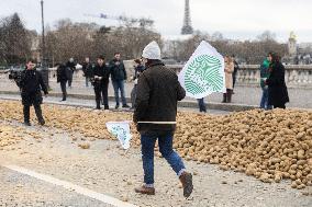 Farmers Dump 30 Tonnes of Potatoes on The Concorde Bridge - Paris
