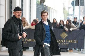 MFW - Celebs Leaving Hotel Paris To Attend Prada Show