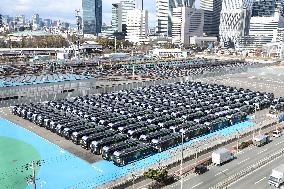 Approximately 150 EV buses gathered at a vast site in Morinomiya, Osaka.