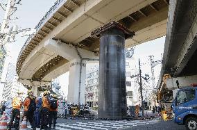 Giant pipe protrudes at construction site in Osaka