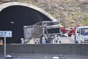 Multivehicle accident inside expressway tunnel in central Japan