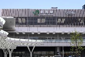 Exterior, logo, and sign of Niigata Station